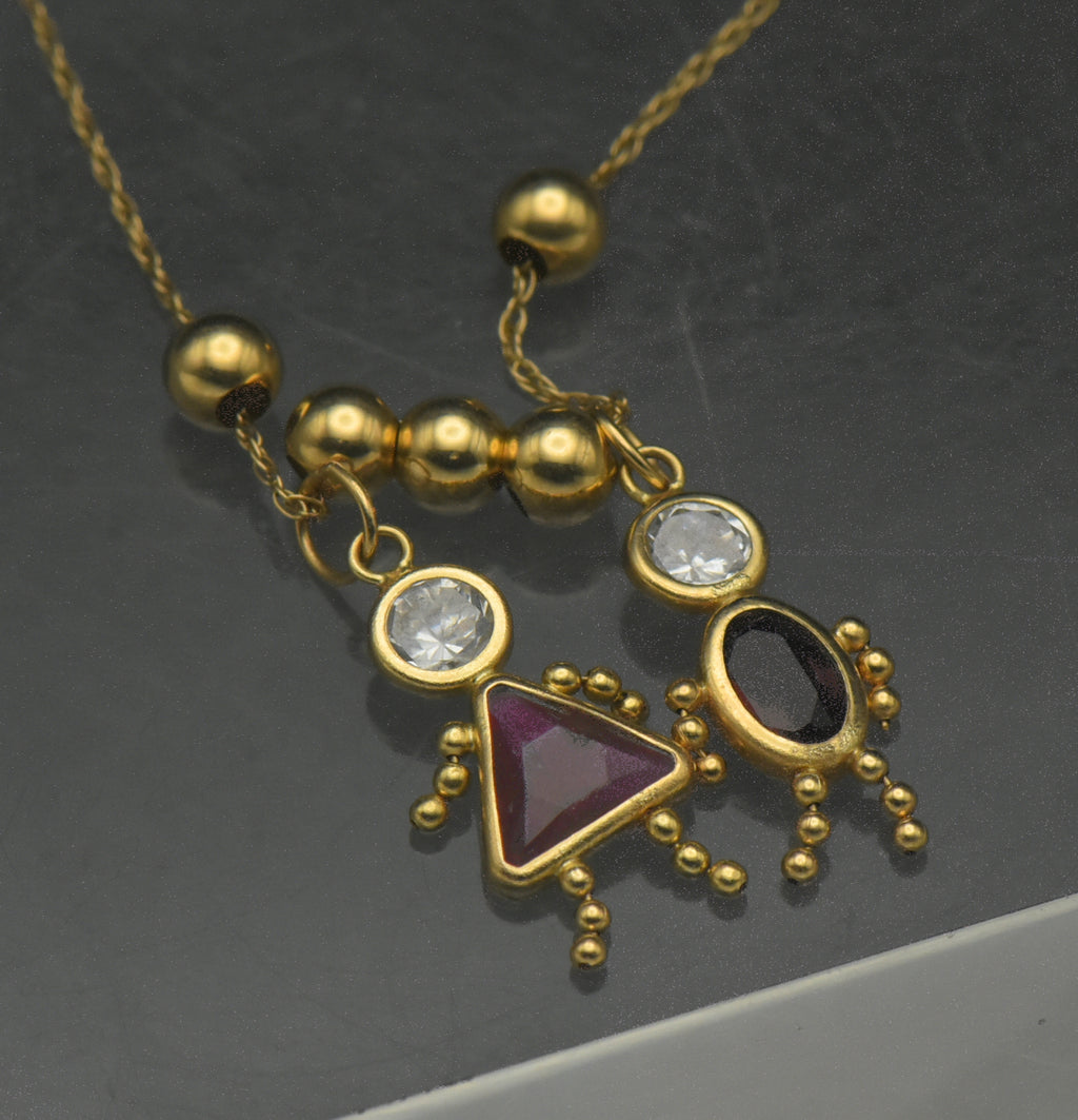 Vintage 14k Boy and Girl Crystal Stick Figure Charms Chain Necklace - 21"