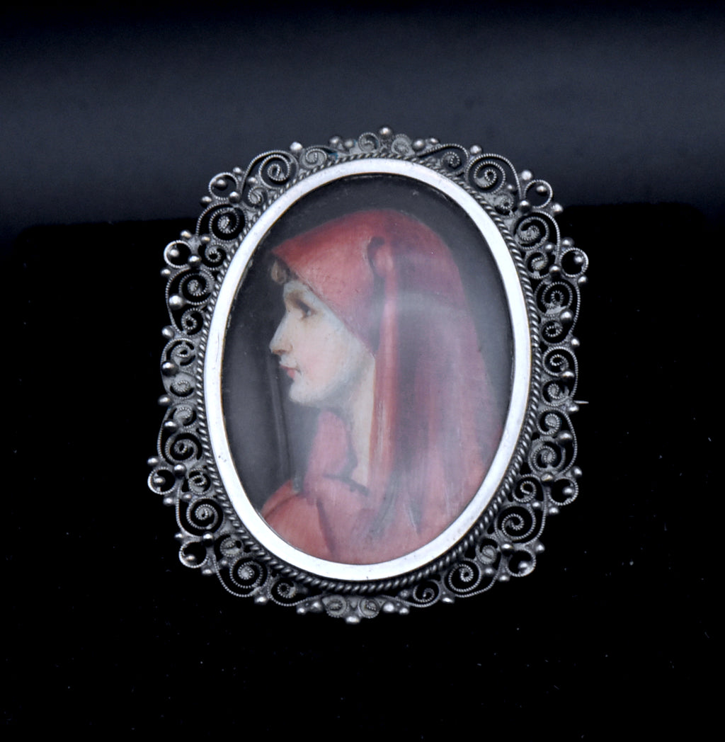 Antique Hand Painted St. Fabiola Silver Filigree Brooch