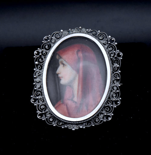 Antique Hand Painted St. Fabiola Silver Filigree Brooch
