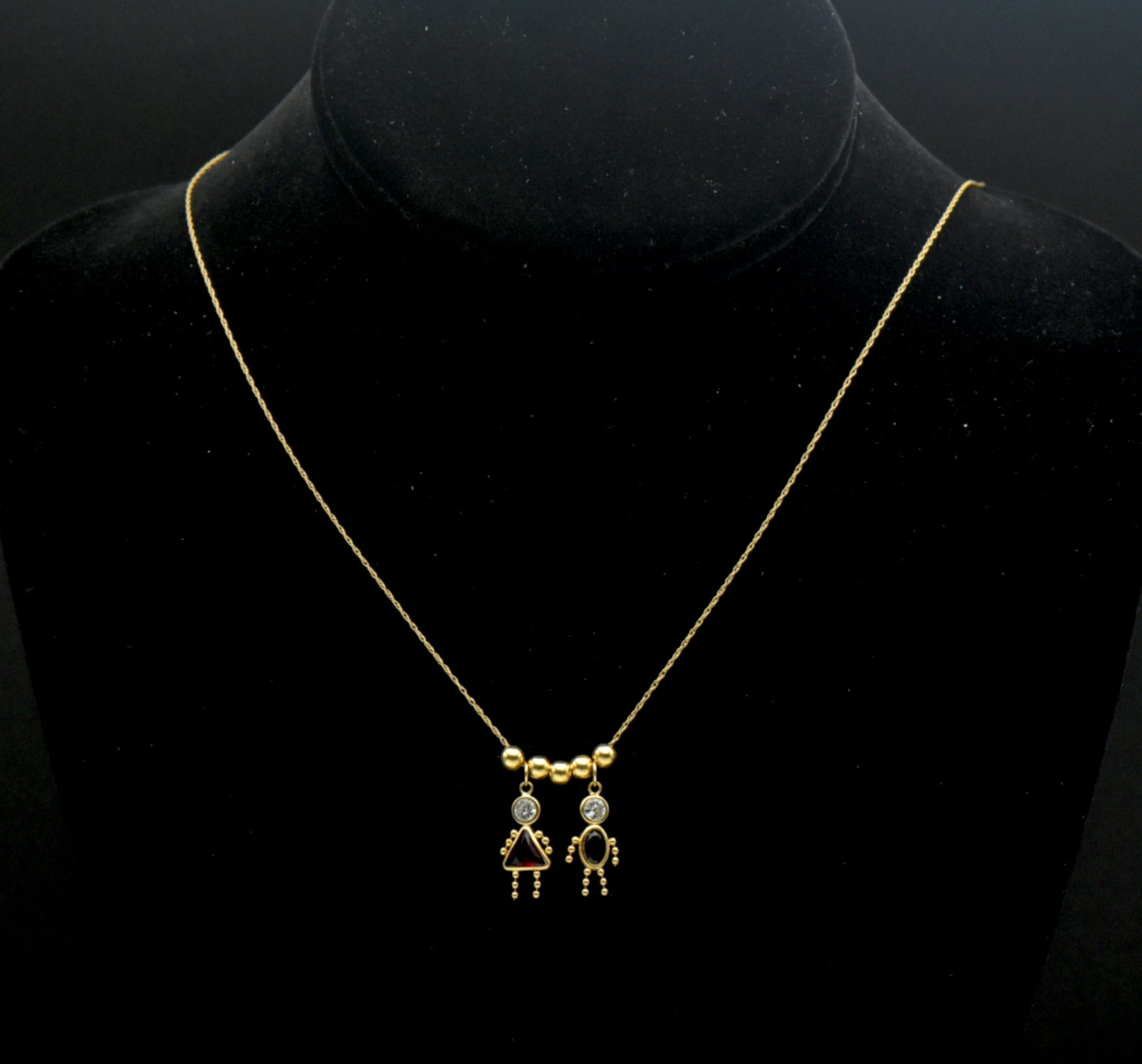 Vintage 14k Boy and Girl Crystal Stick Figure Charms Chain Necklace - 21"