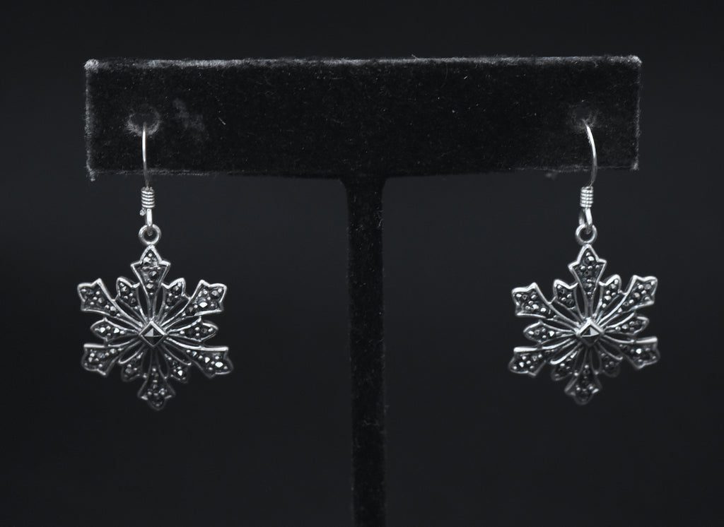 Vintage Sterling Silver and Marcasite Snowflake Dangle Earrings