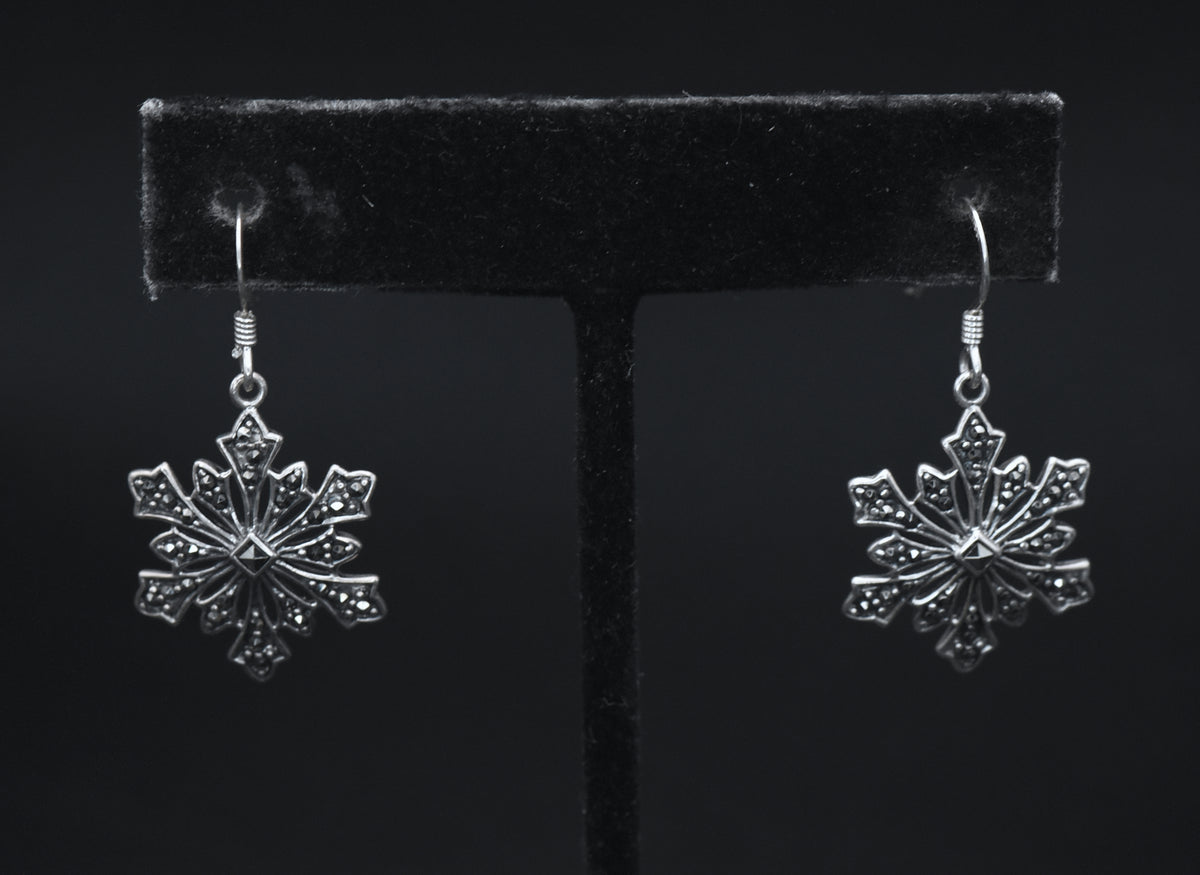 Vintage Sterling Silver and Marcasite Snowflake Dangle Earrings
