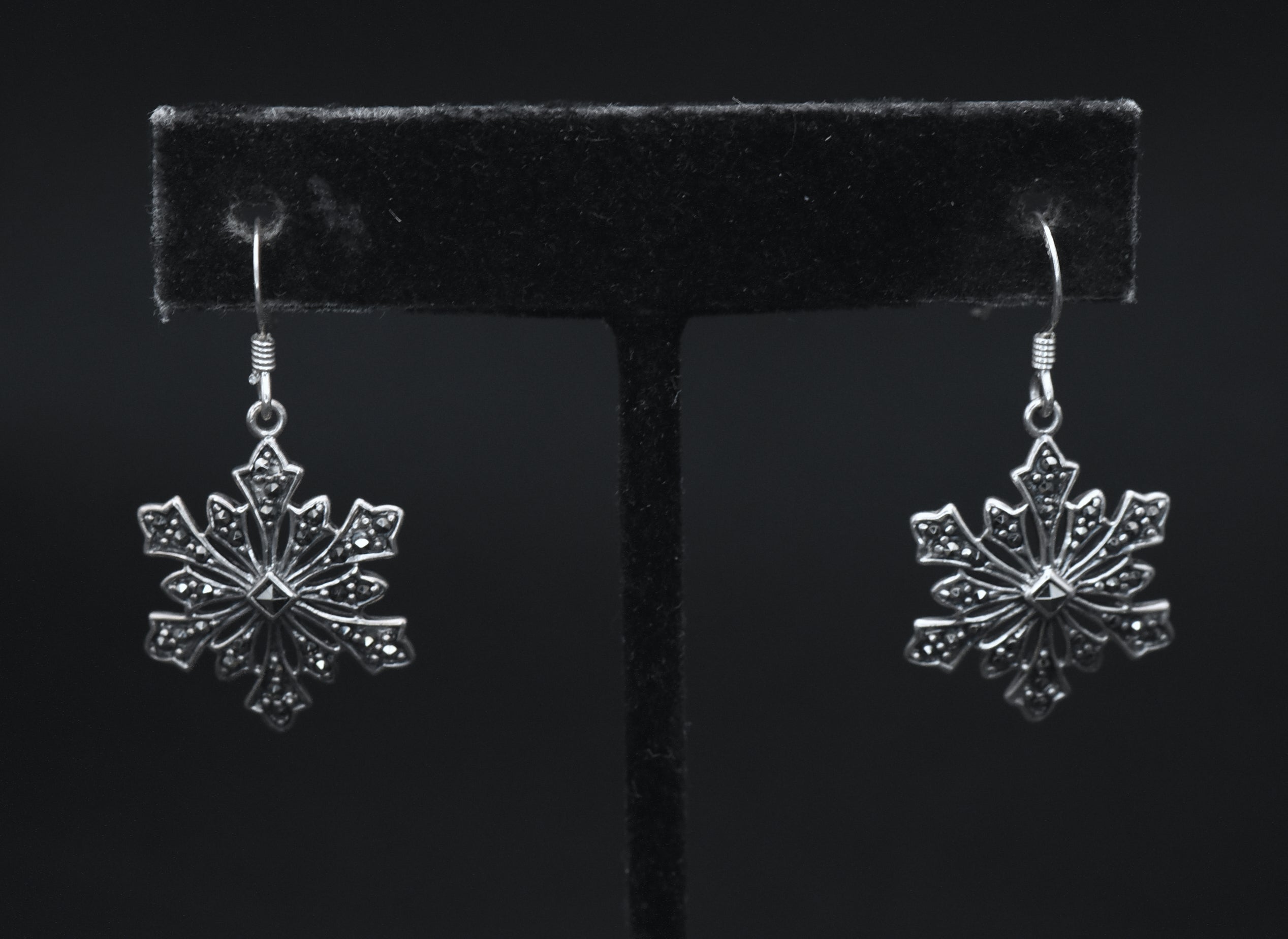 Vintage Sterling Silver and Marcasite Snowflake Dangle Earrings