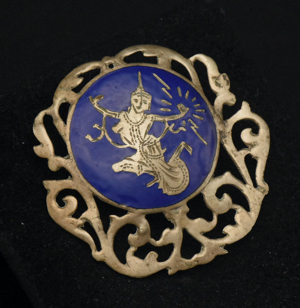 Vintage Siamese Dancer Enamel Brass Brooch