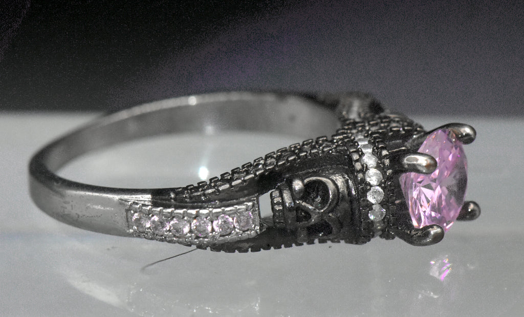 Vintage Skull Motif Pink Crystal Ring - Size 9.25