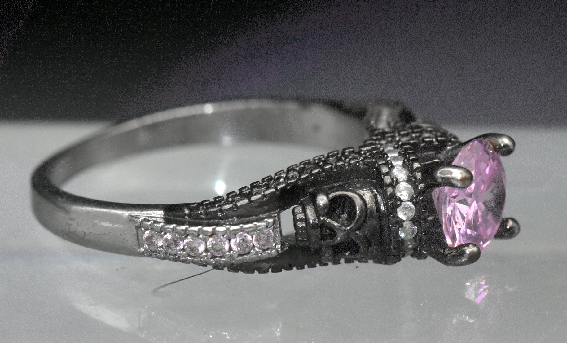 Vintage Skull Motif Pink Crystal Ring - Size 9.25