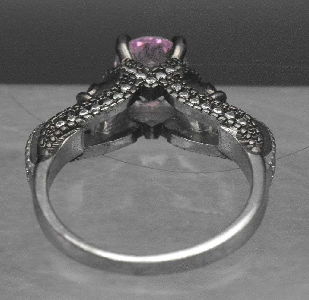 Vintage Skull Motif Pink Crystal Ring - Size 9.25