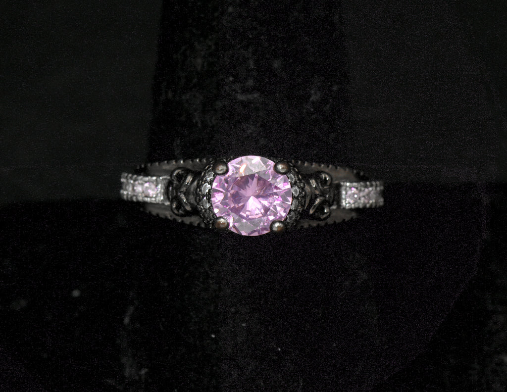 Vintage Skull Motif Pink Crystal Ring - Size 9.25