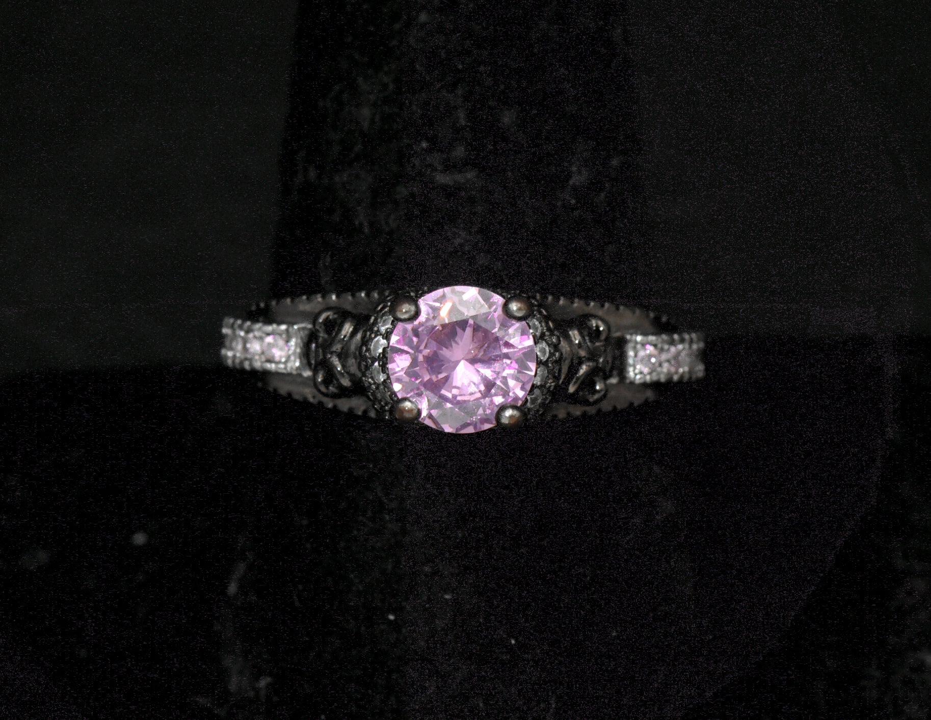 Vintage Skull Motif Pink Crystal Ring - Size 9.25