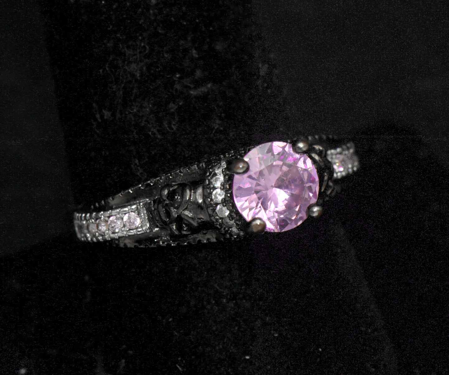 Vintage Skull Motif Pink Crystal Ring - Size 9.25