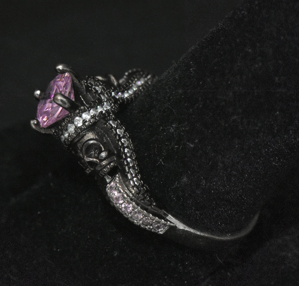 Vintage Skull Motif Pink Crystal Ring - Size 9.25