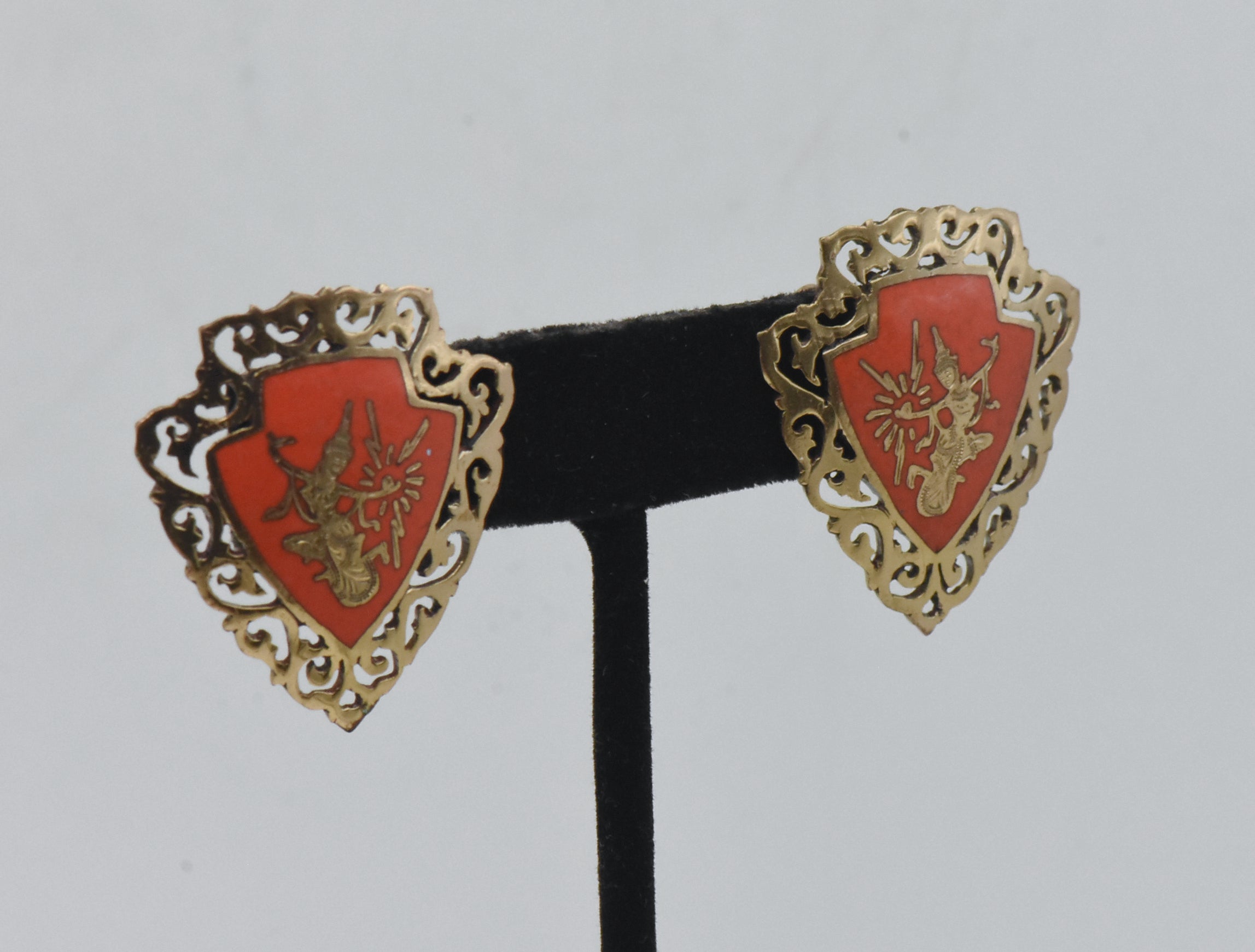 Vintage Brass and Enamel Siamese Dancer Screw Back Earrings