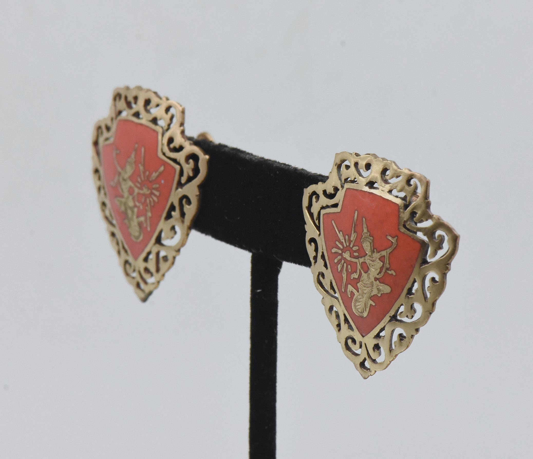 Vintage Brass and Enamel Siamese Dancer Screw Back Earrings