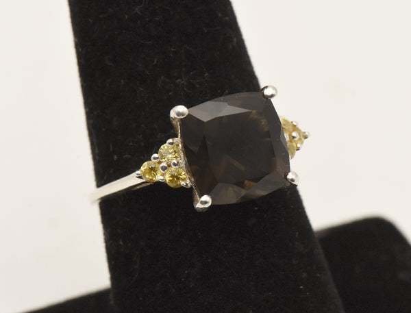 Vintage Smoky Quartz and Rhinestone Sterling Silver Ring - Size 7