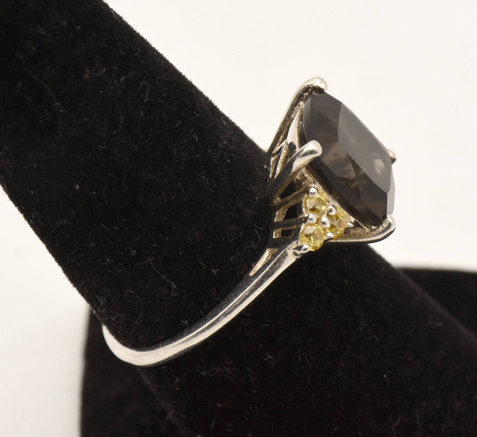 Vintage Smoky Quartz and Rhinestone Sterling Silver Ring - Size 7