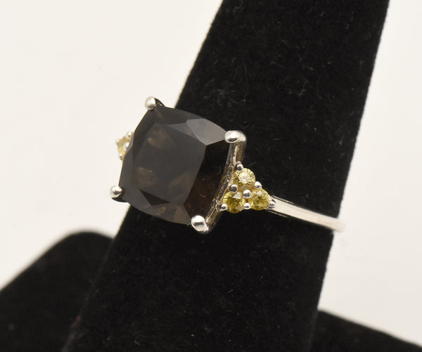 Vintage Smoky Quartz and Rhinestone Sterling Silver Ring - Size 7