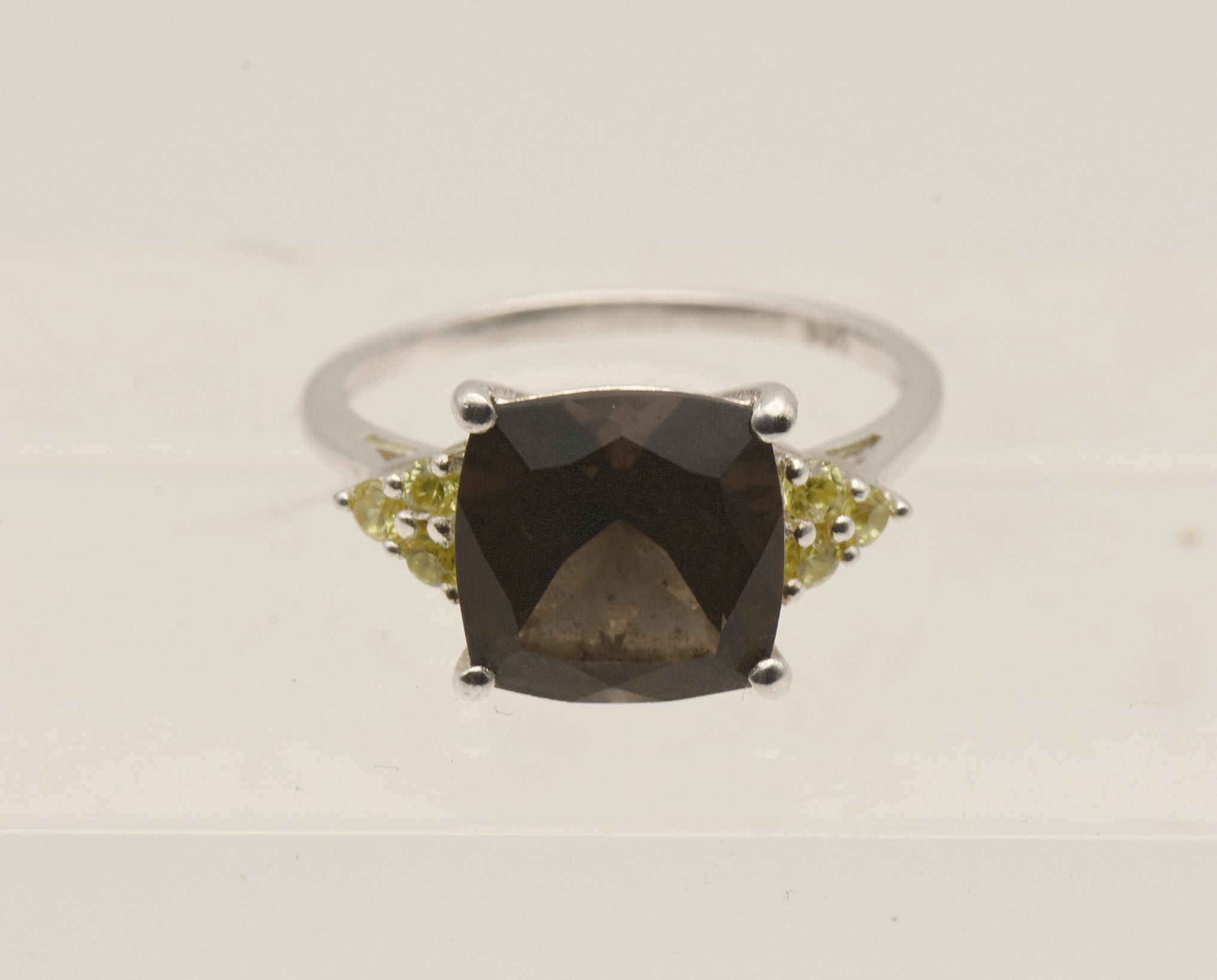 Vintage Smoky Quartz and Rhinestone Sterling Silver Ring - Size 7