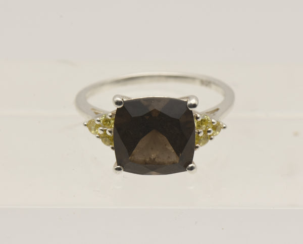 Vintage Smoky Quartz and Rhinestone Sterling Silver Ring - Size 7