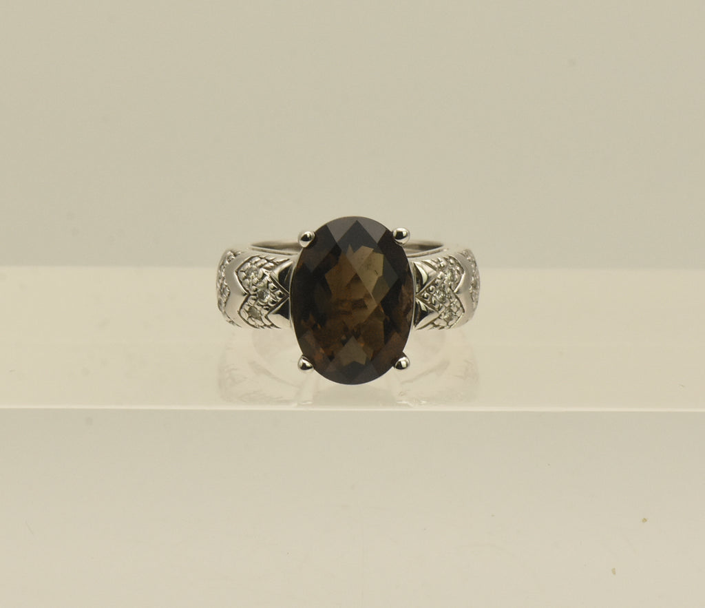 Vintage 14k White Gold Smoky Quartz and Diamonds Ring - Size 5.75