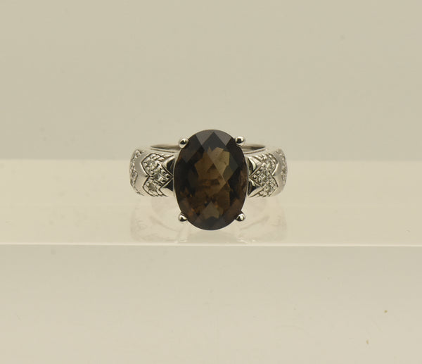 Vintage 14k White Gold Smoky Quartz and Diamonds Ring - Size 5.75