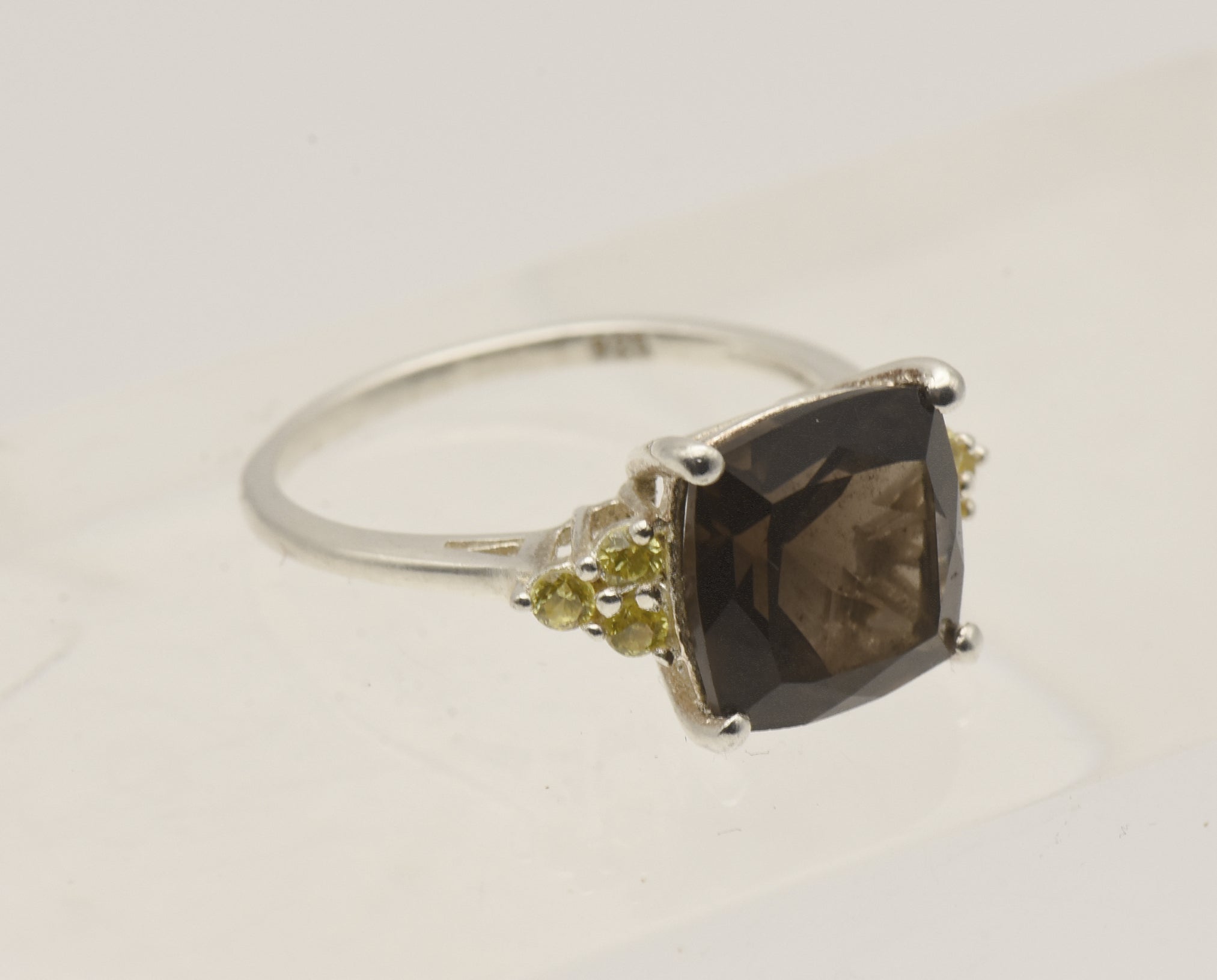 Vintage Smoky Quartz and Rhinestone Sterling Silver Ring - Size 7
