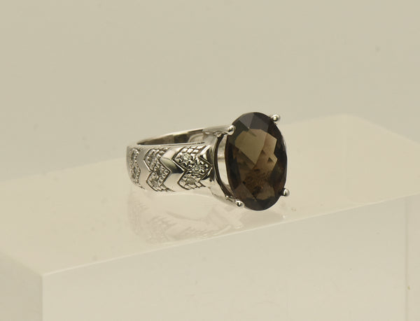 Vintage 14k White Gold Smoky Quartz and Diamonds Ring - Size 5.75