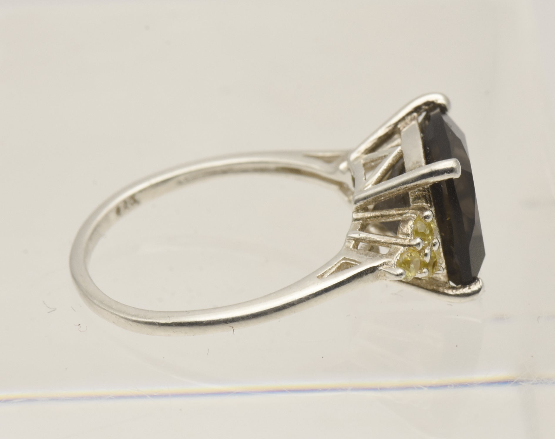 Vintage Smoky Quartz and Rhinestone Sterling Silver Ring - Size 7
