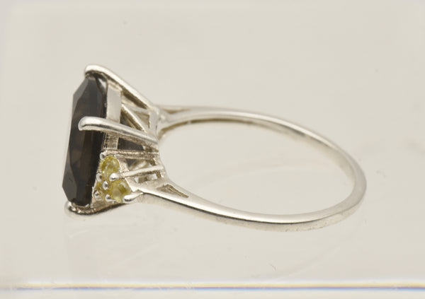 Vintage Smoky Quartz and Rhinestone Sterling Silver Ring - Size 7