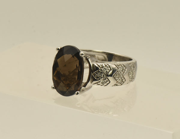 Vintage 14k White Gold Smoky Quartz and Diamonds Ring - Size 5.75