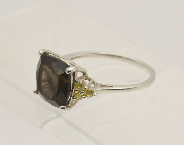 Vintage Smoky Quartz and Rhinestone Sterling Silver Ring - Size 7