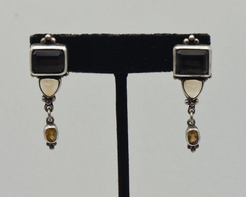 Vintage Smoky Quartz, Citrine and Topaz Sterling Silver Earrings