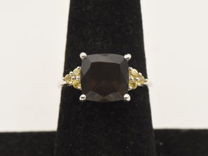 Vintage Smoky Quartz and Rhinestone Sterling Silver Ring - Size 7