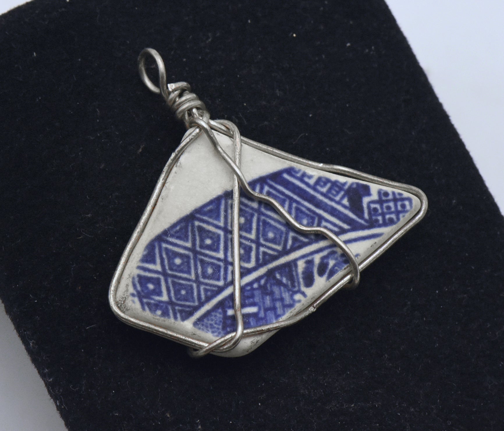 Sea Pottery Shard Sterling Silver Wire Wrapped Pendant