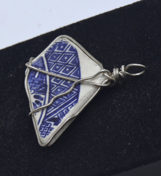 Sea Pottery Shard Sterling Silver Wire Wrapped Pendant