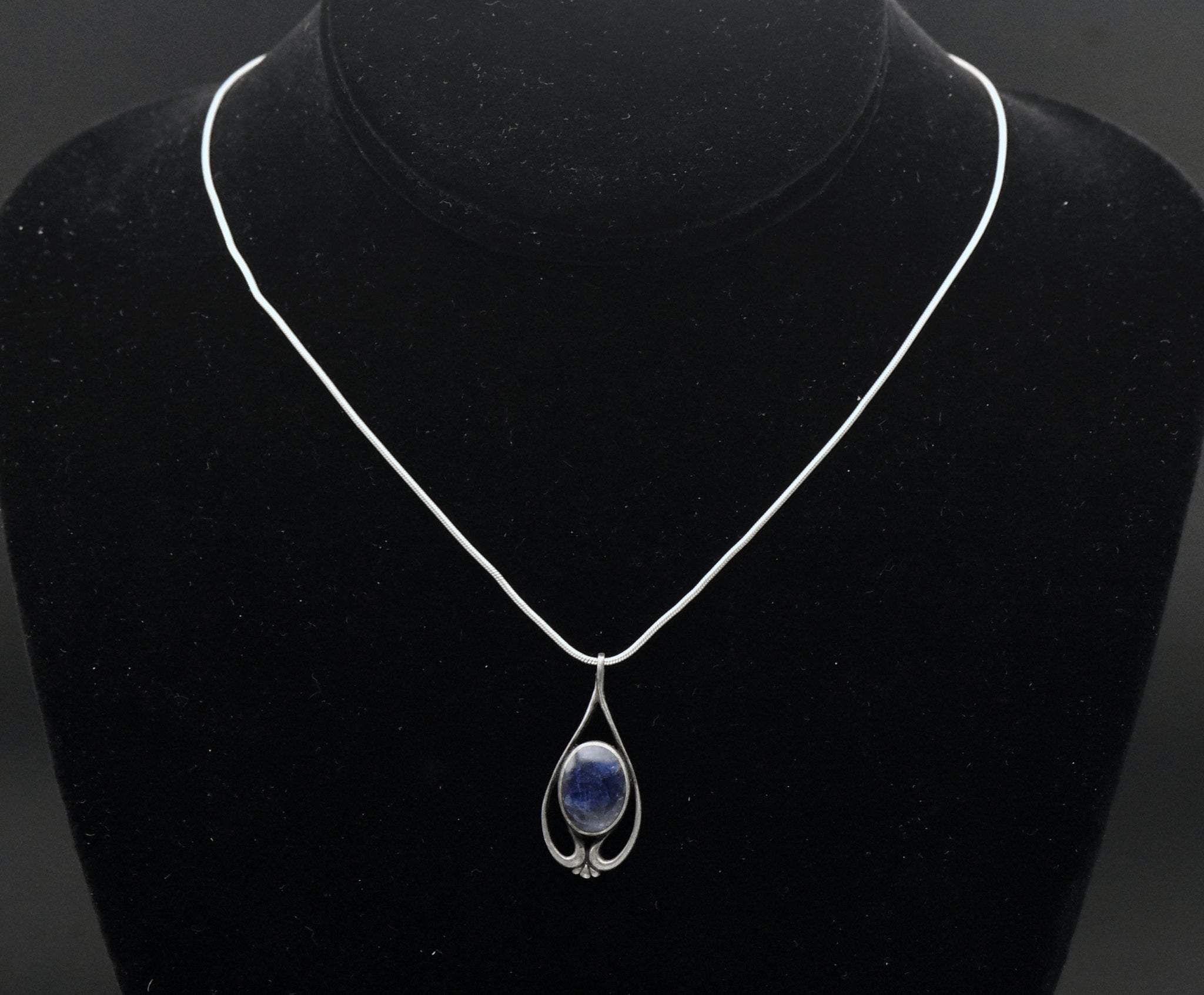 Vintage Sodalite Sterling Silver Pendant on Sterling Silver Italian Snake Link Chain Necklace - 16"