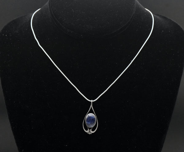 Vintage Sodalite Sterling Silver Pendant on Sterling Silver Italian Snake Link Chain Necklace - 16"