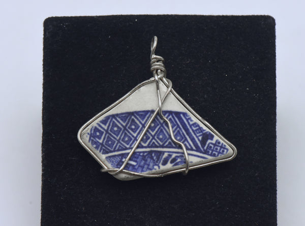 Sea Pottery Shard Sterling Silver Wire Wrapped Pendant