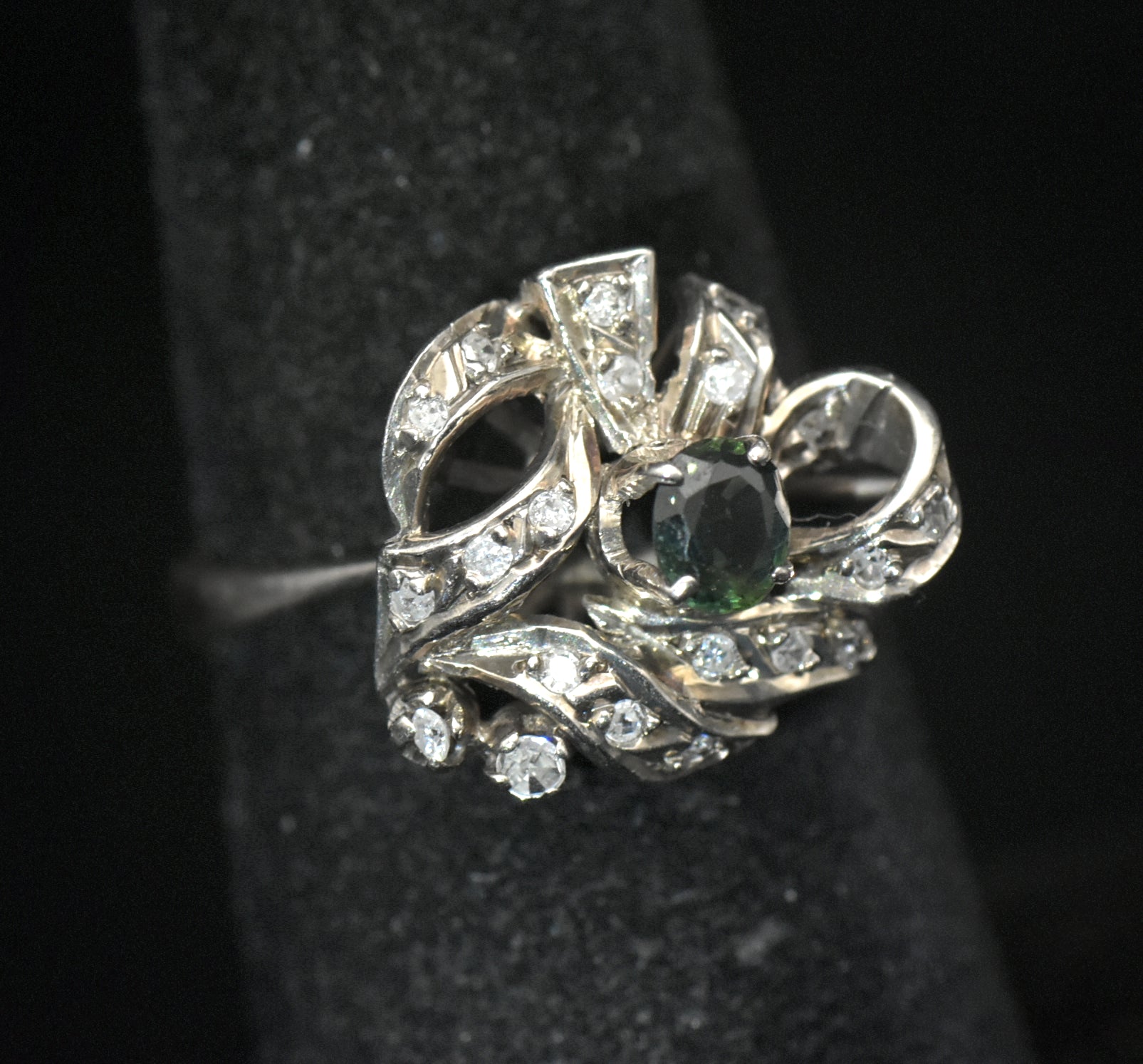 Vintage Palladium with Green Sapphire and Diamonds Ring - Size 6