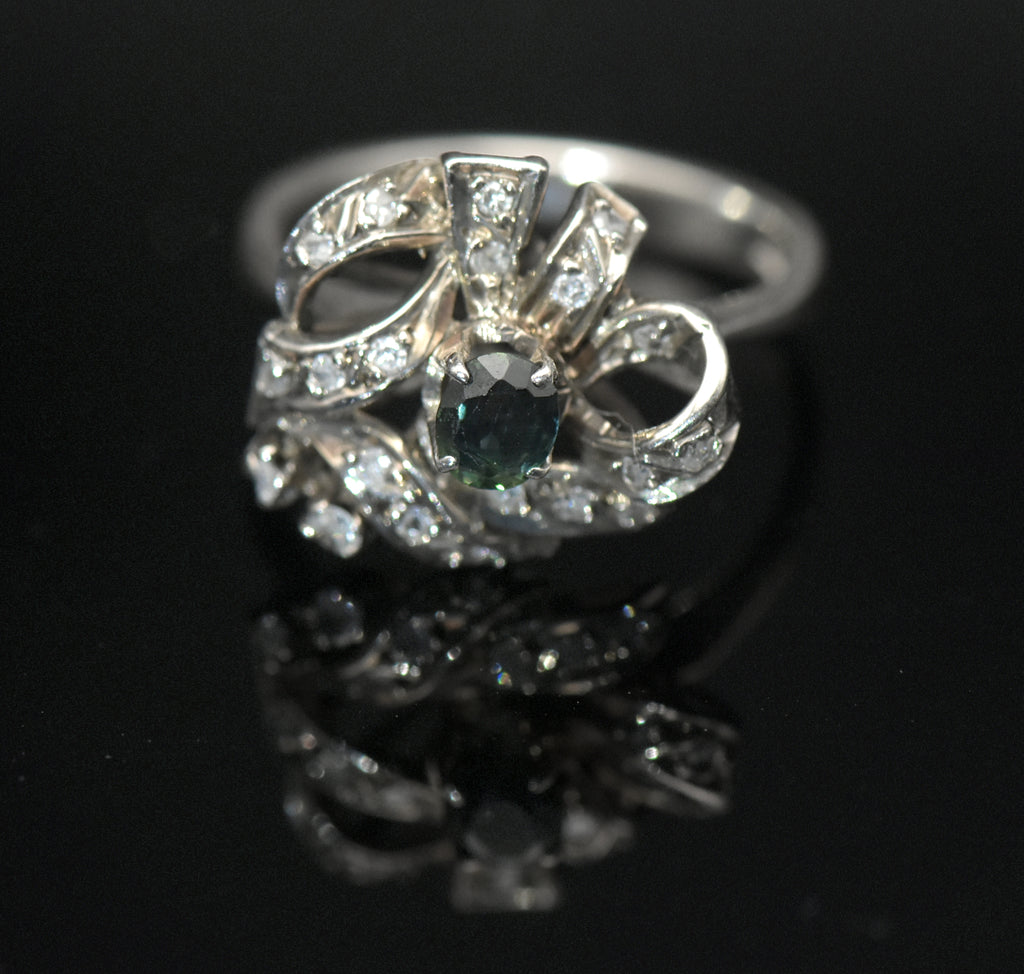Vintage Palladium with Green Sapphire and Diamonds Ring - Size 6