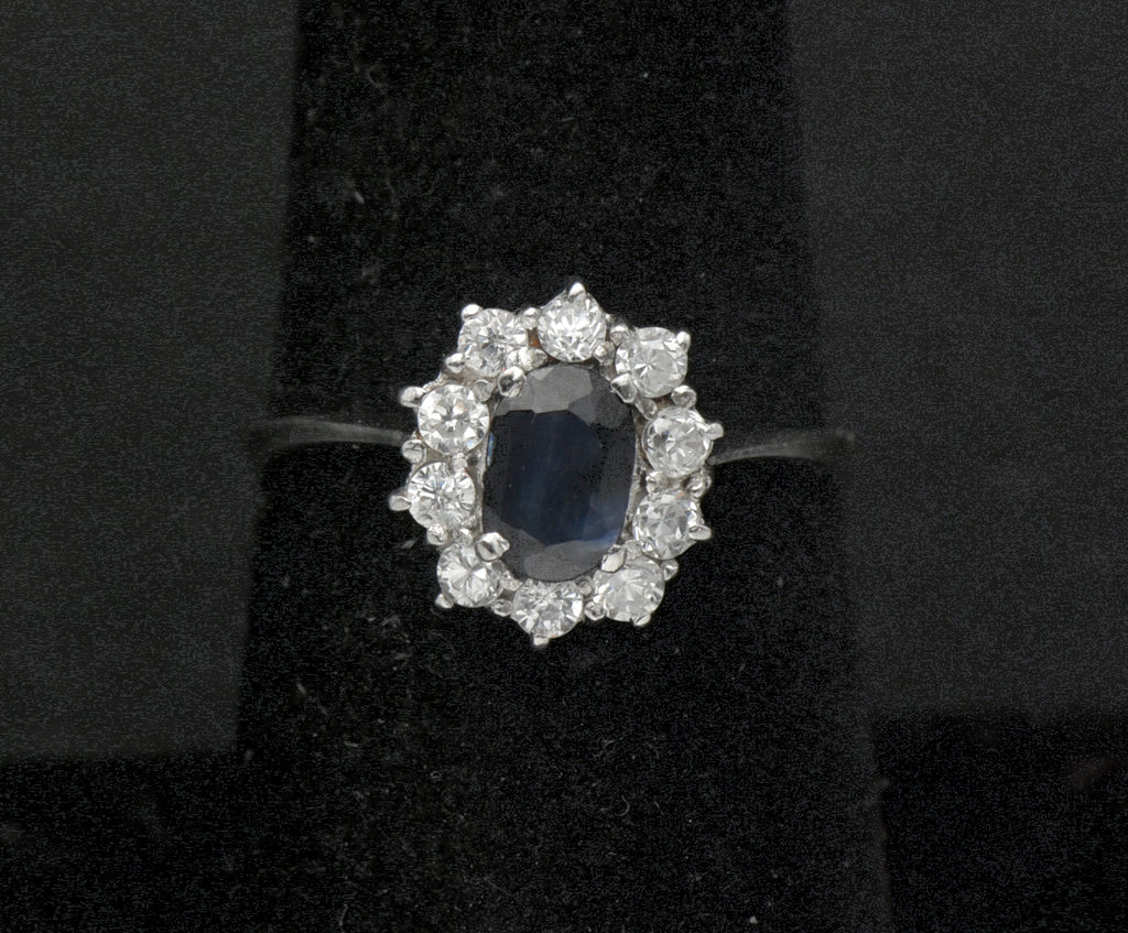 Vintage Sapphire and CZ Sterling Silver Halo Ring - Size 7
