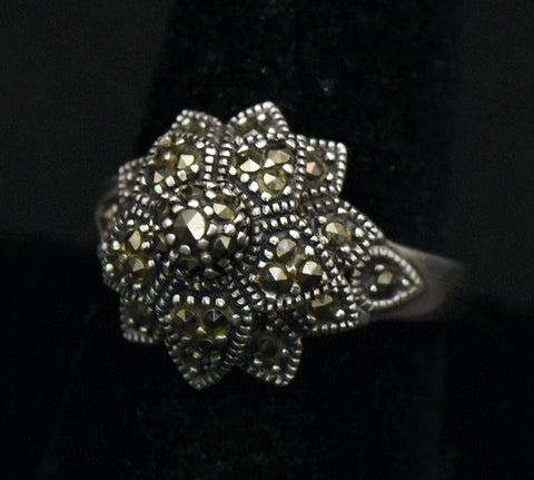 Vintage Sterling Silver Marcasite Floral Spinner Ring - Size 8.75