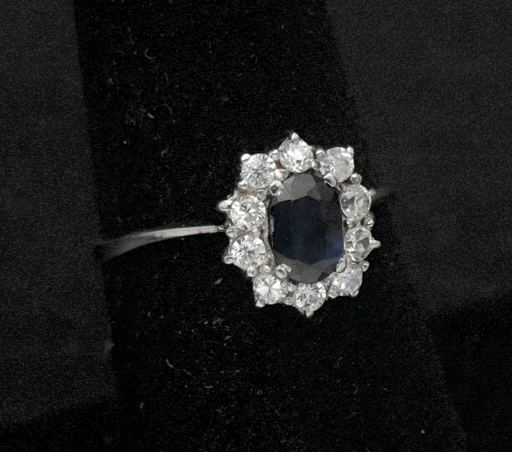 Vintage Sapphire and CZ Sterling Silver Halo Ring - Size 7