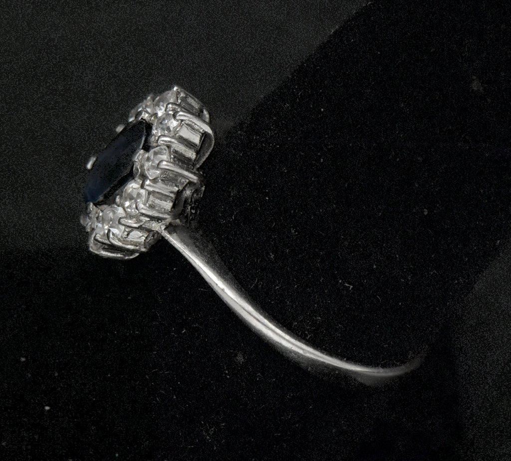 Vintage Sapphire and CZ Sterling Silver Halo Ring - Size 7