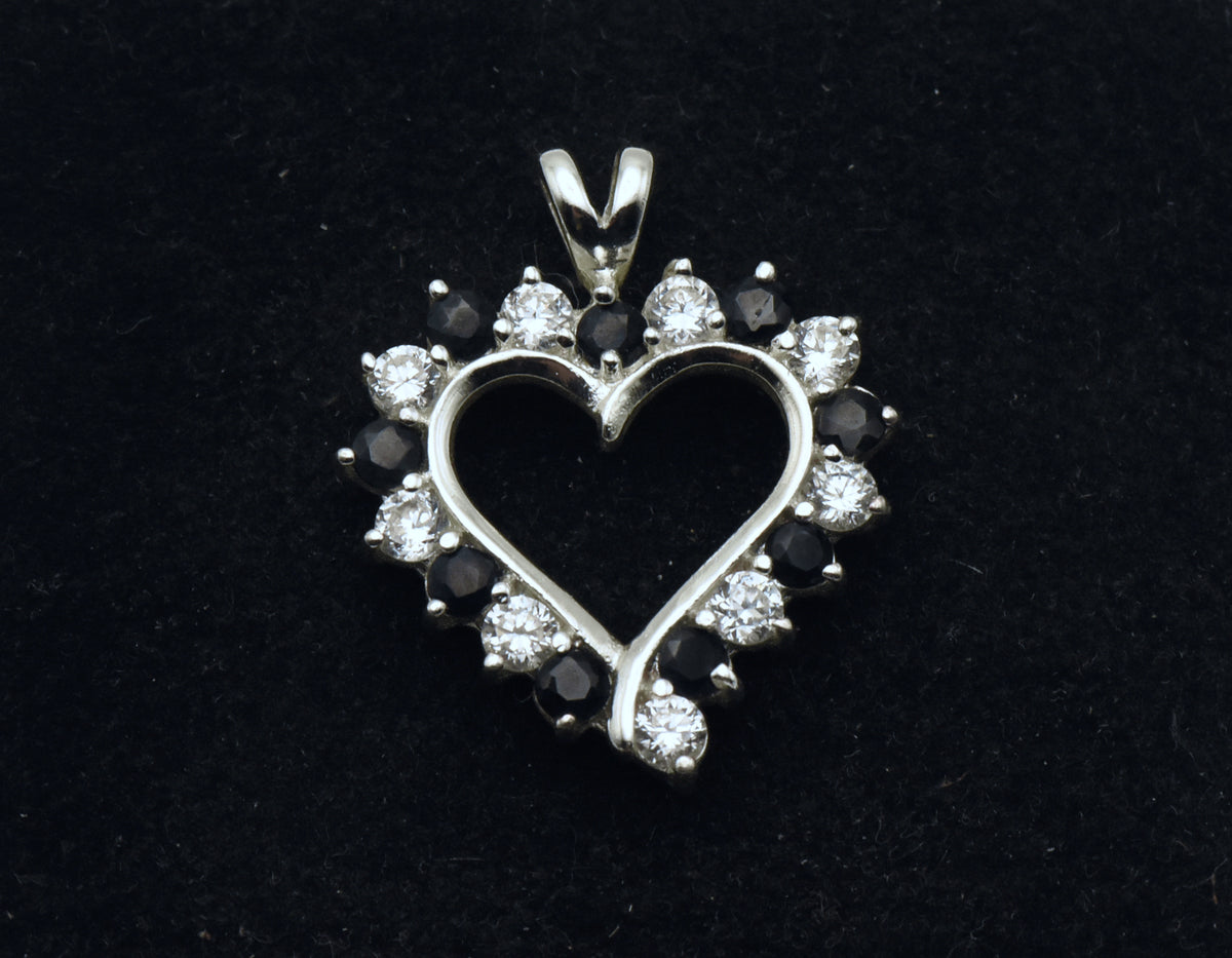 Vintage Sapphire and Cubic Zirconia Sterling Silver Heart Pendant