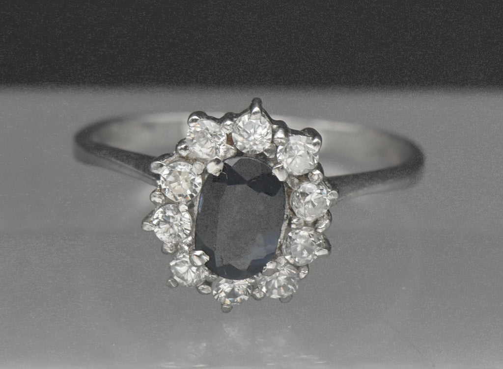 Vintage Sapphire and CZ Sterling Silver Halo Ring - Size 7