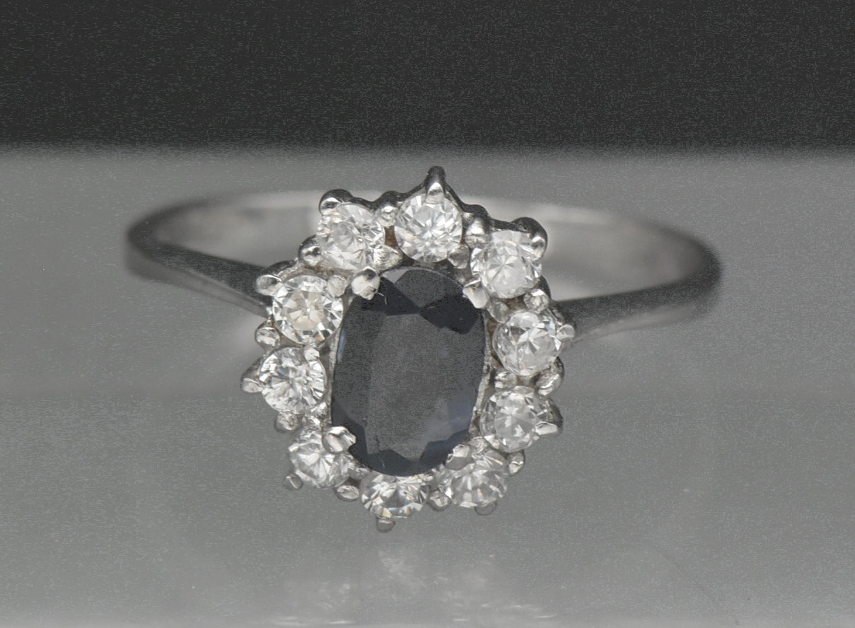 Vintage Sapphire and CZ Sterling Silver Halo Ring - Size 7