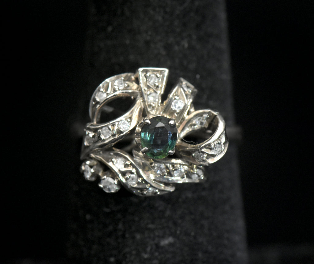 Vintage Palladium with Green Sapphire and Diamonds Ring - Size 6