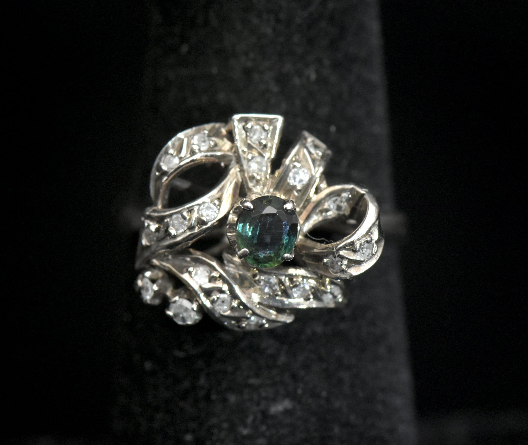 Vintage Palladium with Green Sapphire and Diamonds Ring - Size 6