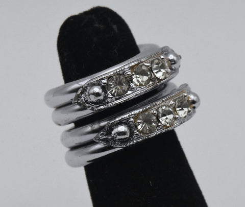 Vintage Silver Tone Metal and Rhinestones Spring Ring - Size 3