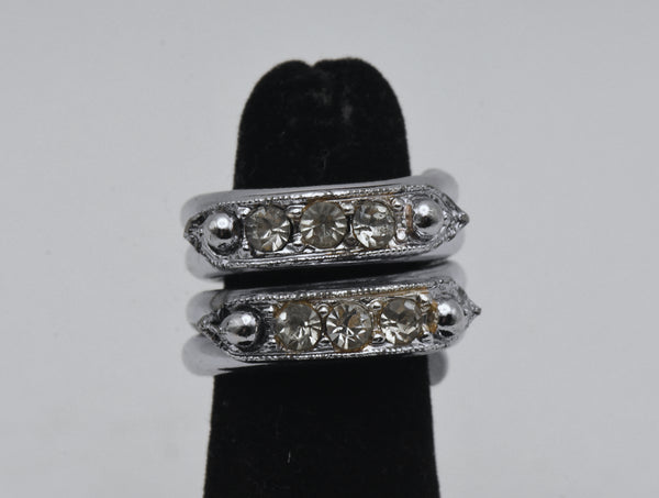 Vintage Silver Tone Metal and Rhinestones Spring Ring - Size 3